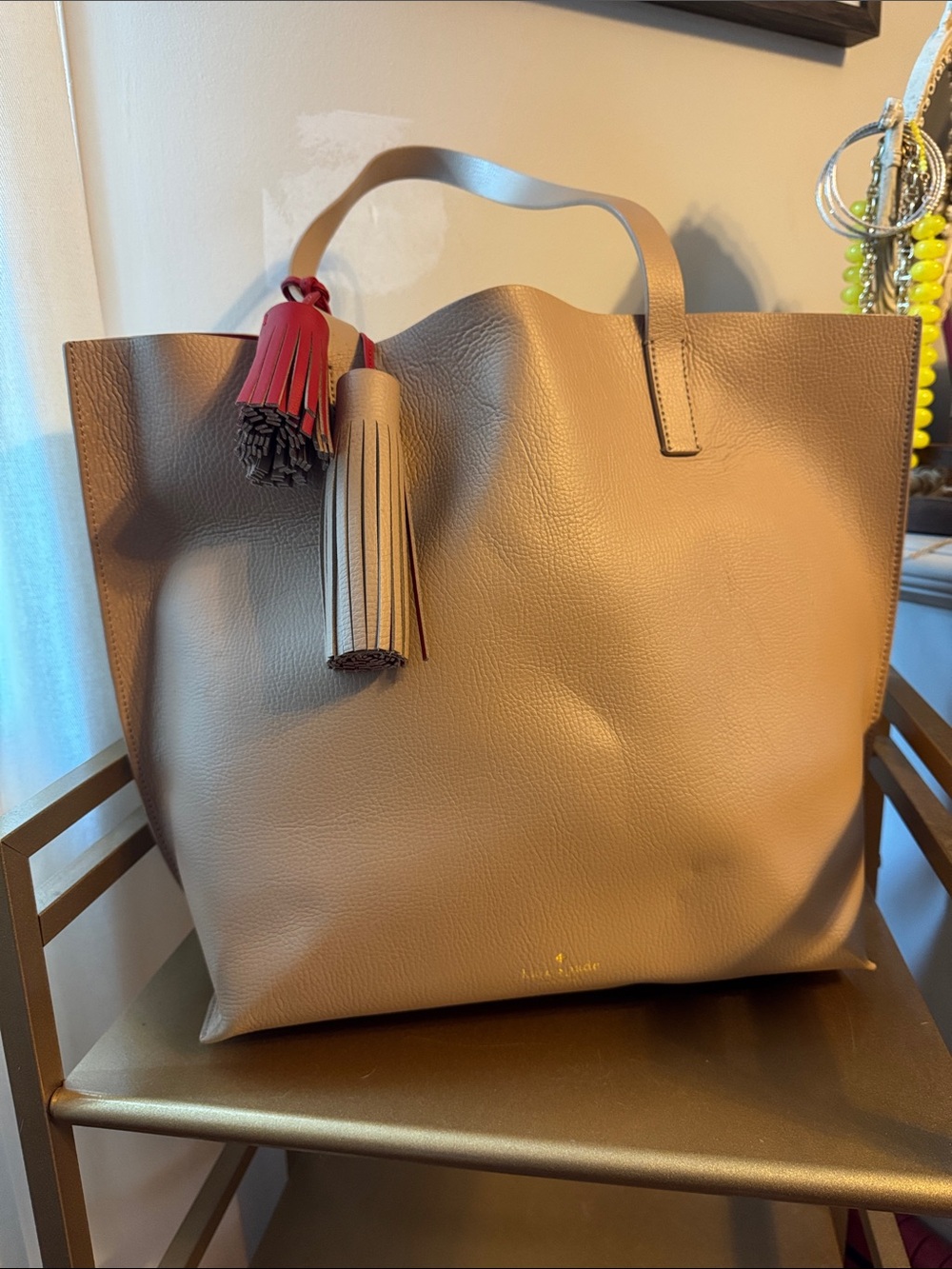 kate spade Taupe Tote with Red and Taupe Tassels